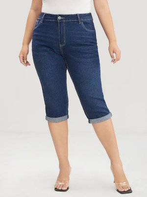 Slightly Stretchy High Rise Dark Wash Roll Hem Knee Denim Shorts