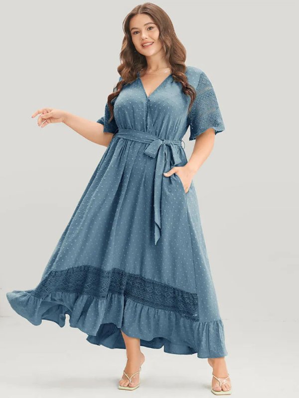 Solid Wrap Pocket Belted Contrast Lace Ruffle Trim Maxi Dress